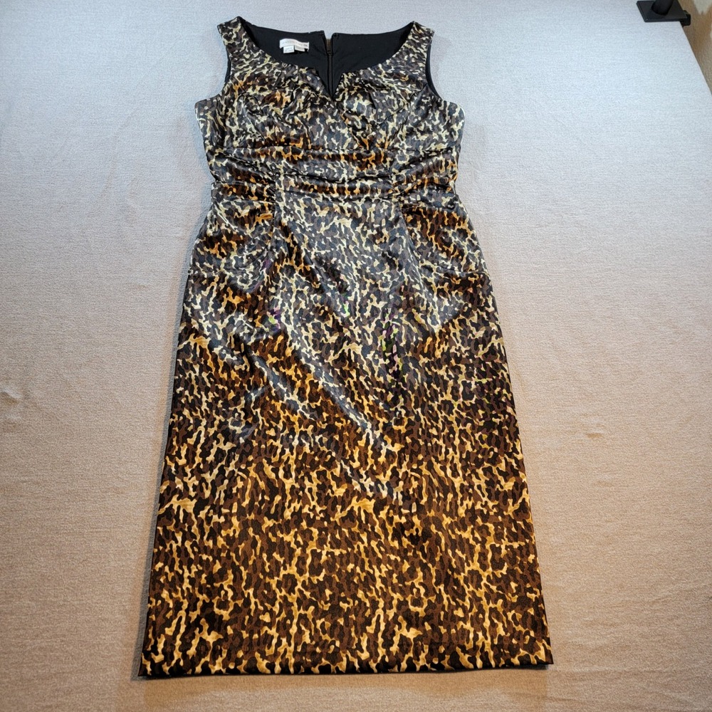 London Times Sheath Dress Womens Metalic/Brown 4 Excellent Leopard Print Ruched
